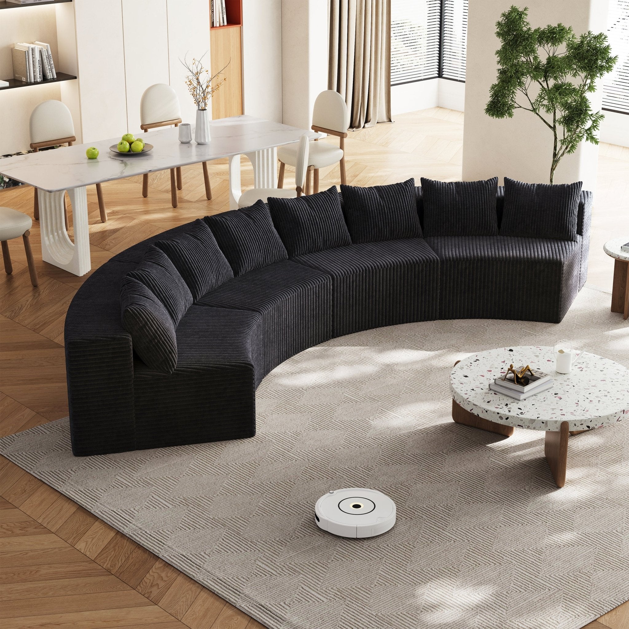 Corduroy Gebogen Hoekbank met 8 Kussens, Modulaire Halfronde Bank voor Woonkamer, Slaapkamer en Kantoor, 4 Modules, Zwart - Noventis Home