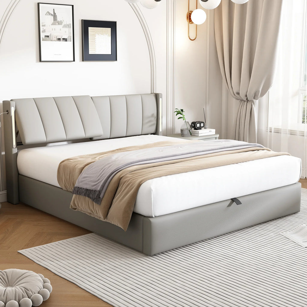 LED Gestoffeerd Bed, Kingsize 150x200 cm, Hydraulisch Bed met USB - oplaadpoort, LED - verlichting, Opbergruimte en Verstelbaar Hoofdeinde, PU, Grijs - Noventis Home