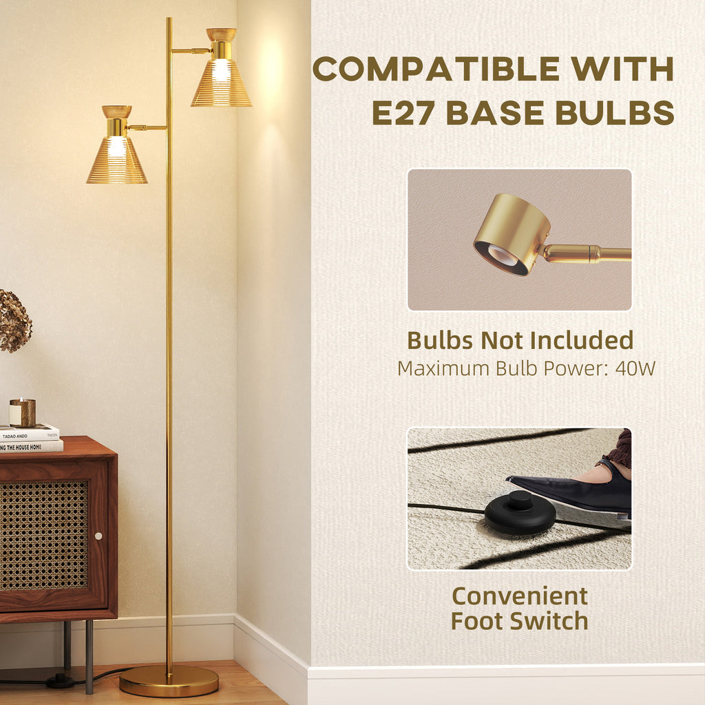 Floor Lamp With Adjustable Dual Head, Modern Standing Lamp With Floral Glass Shades And Foot Switch For Living Room Bedroom, E27 Socket, Bulb Not Included, Gold Tone - Noventis Home