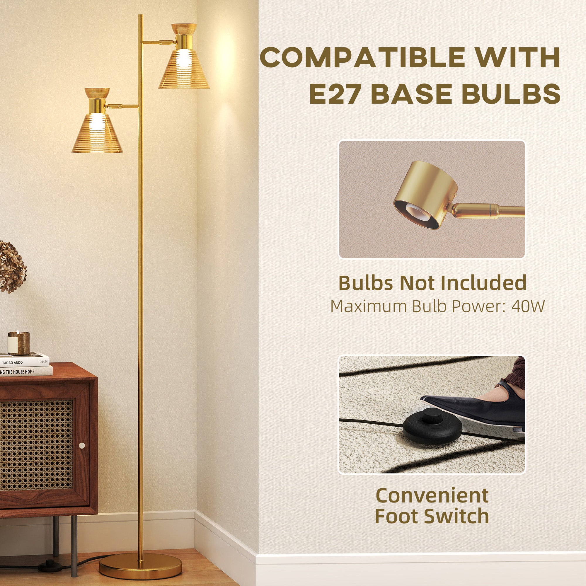 Floor Lamp With Adjustable Dual Head, Modern Standing Lamp With Floral Glass Shades And Foot Switch For Living Room Bedroom, E27 Socket, Bulb Not Included, Gold Tone - Noventis Home