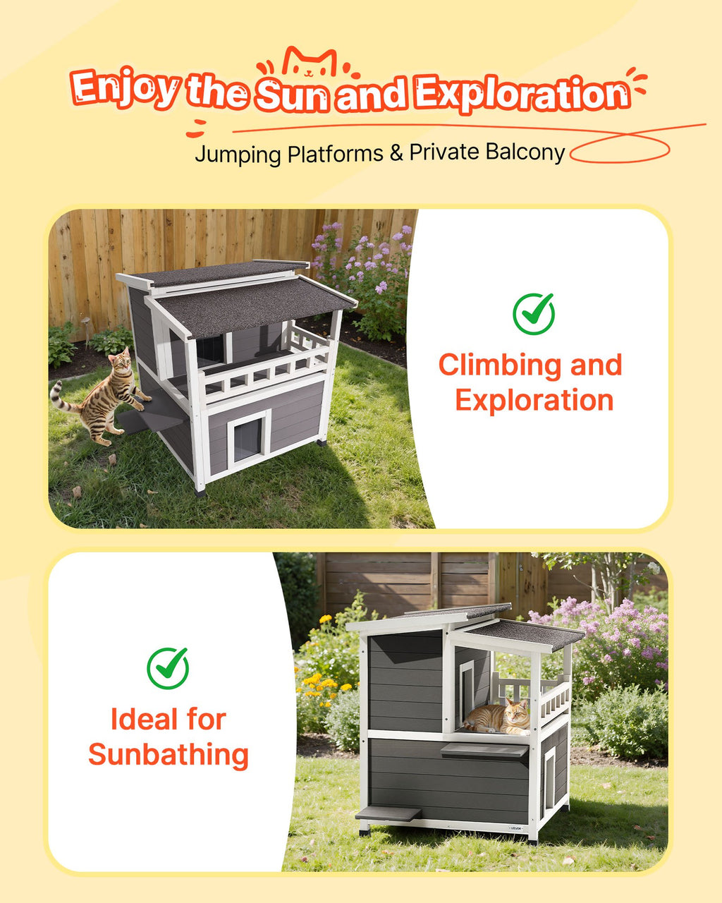 Insulated Cat House, 2 - Story Wooden Cat Shelter, Foam Insulation, Feral Kitty Shelter With Balcony, Waterproof Cats Condos For Indoor & Outdoor 1 - 3 Cats In Winter 33 X 29.5 X 32 In - Noventis Home