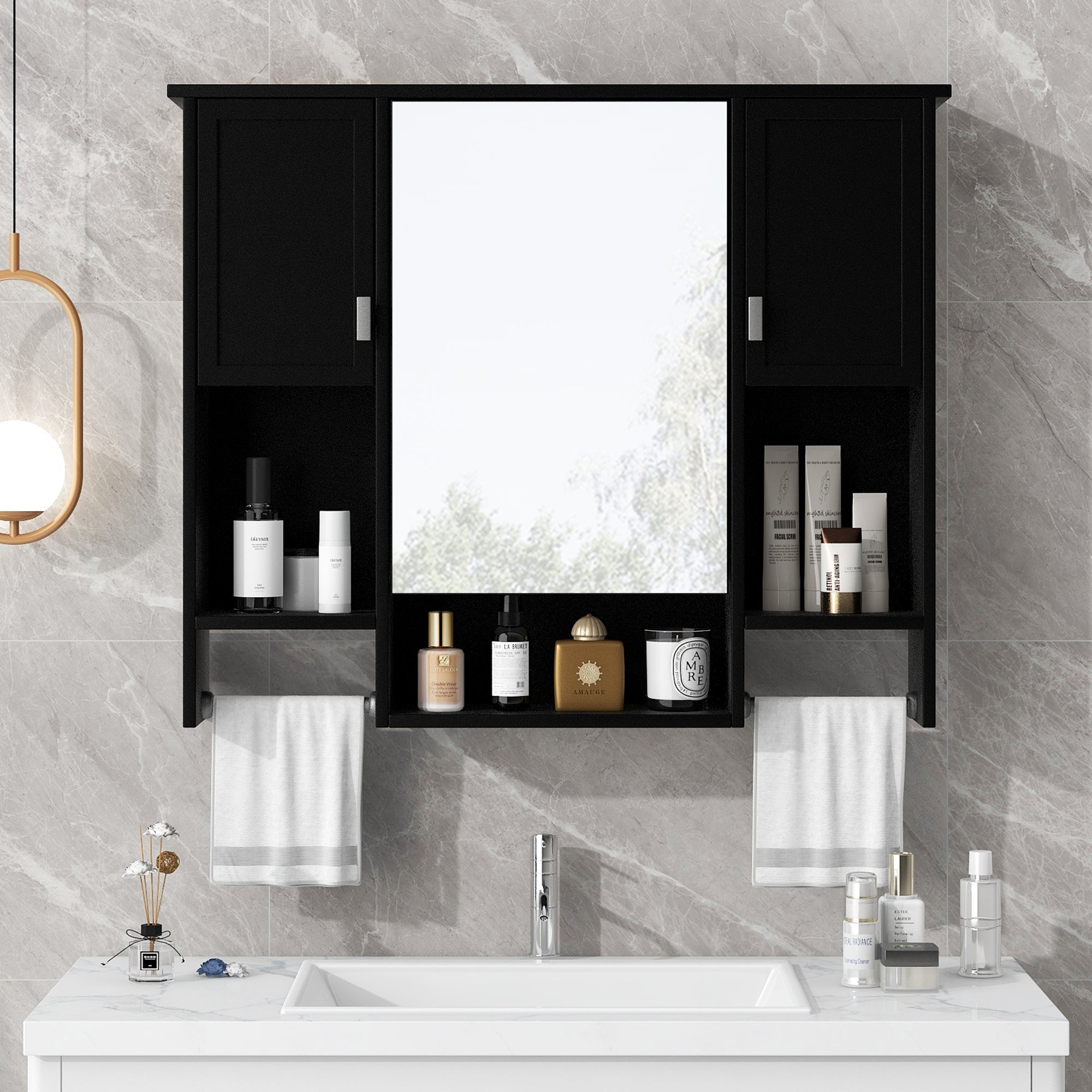 35'' X 28'' Modern Wall Mounted Bathroom Storage Cabinet, Bathroom Wall Cabinet With Mirror, Medicine Cabinet With Towels Bar - Noventis Home