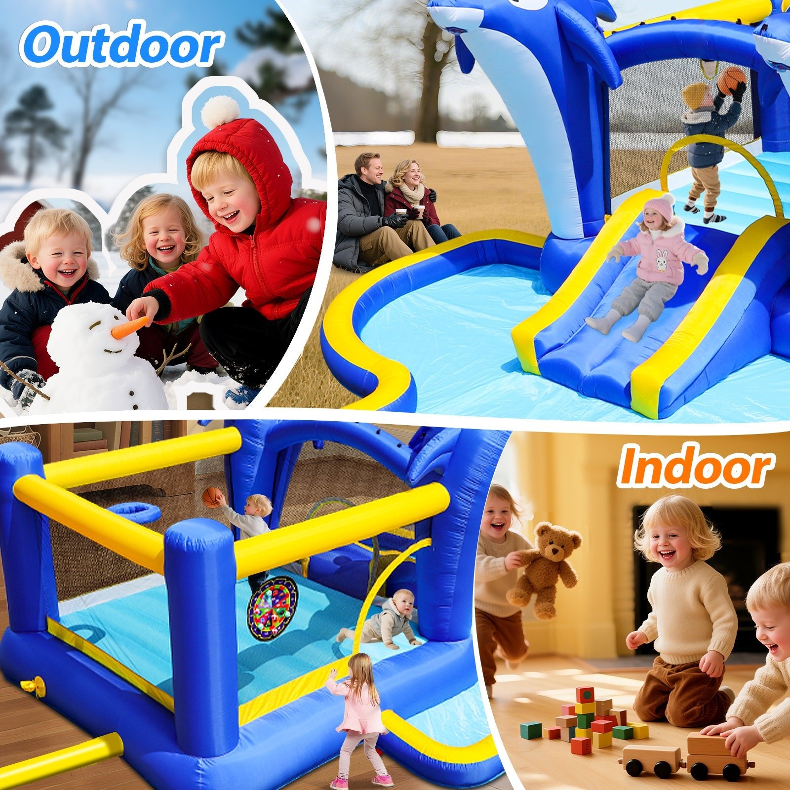 8 - in - 1 Opblaasbaar Waterglijbaan Speelpark met Trampoline, Dolfijn Sproeier, Waterpistool en Basketbal, voor Buiten - Noventis Home