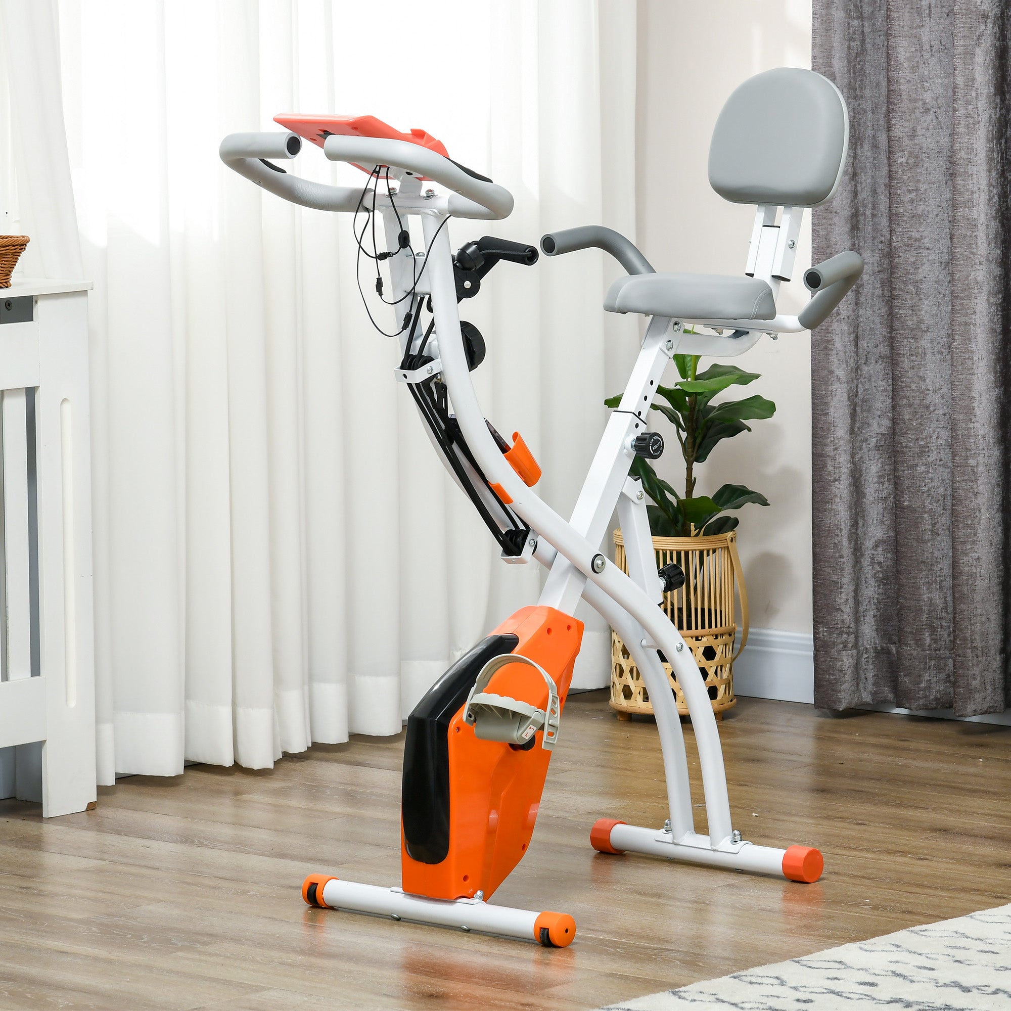 2-in-1 Opvouwbare Hometrainer met 8 Magnetische Weerstandsniveaus, Armweerstandsbanden, Pulssensor, Oranje