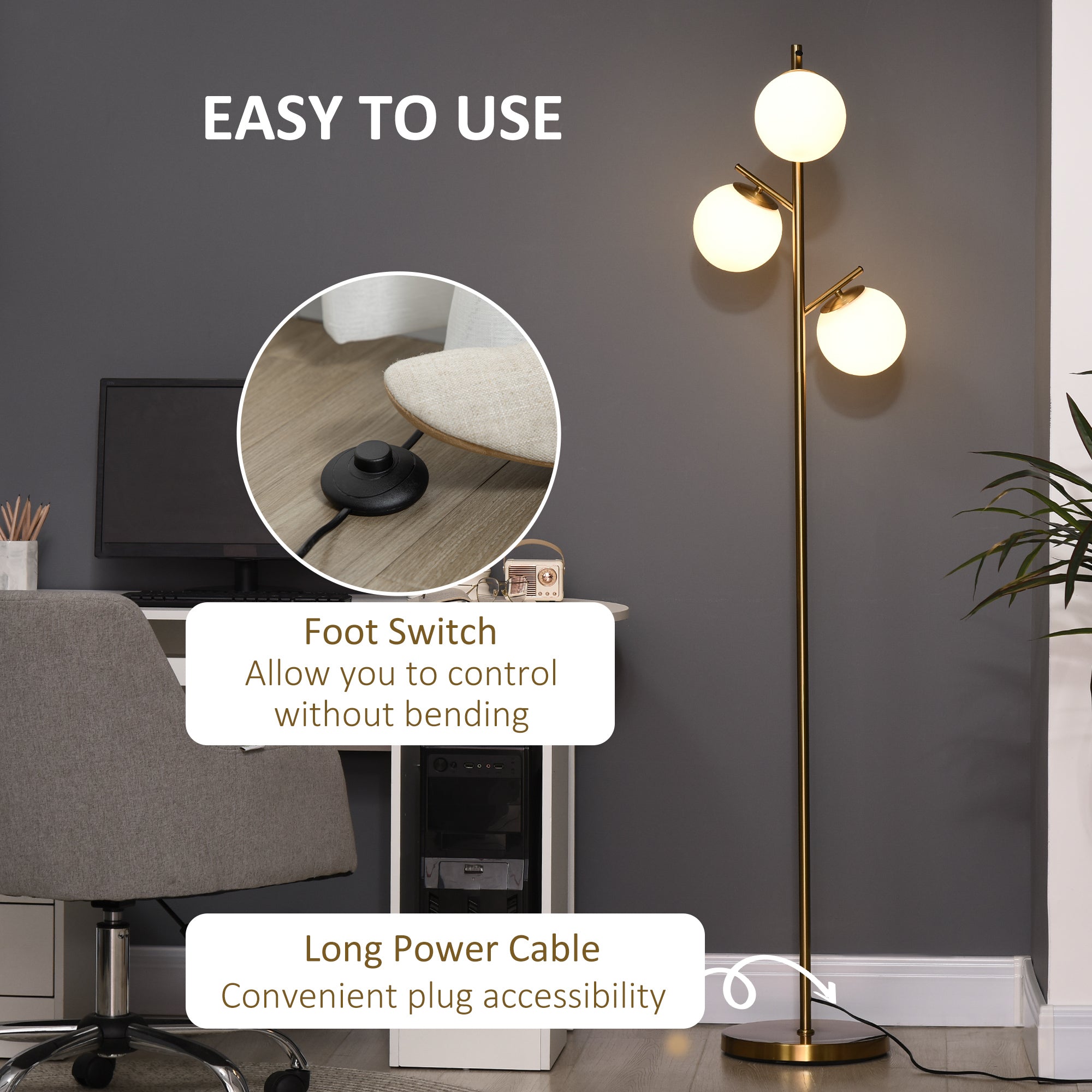 Modern 3 - Light Floor Lamp For Living Room, Tree Standing Lamp With Globe Lampshades, 10.75"x10.75"x66.5", Gold - Noventis Home