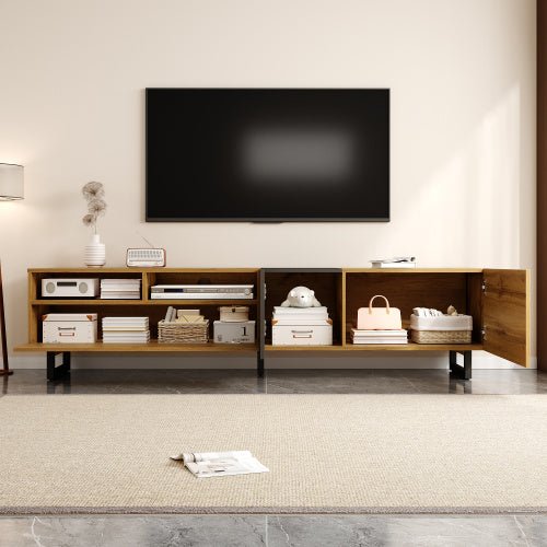 Colorblock TV - meubel, Contrasterend Kleurdesign, 3 Deuren en 2 Vakken, U - vormige Metalen Poten, Retro Houtnerf, 170 cm - Noventis Home