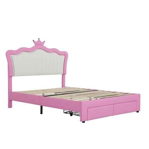Gestoffeerd Tweepersoonsbed met LED - verlichting, Modern Prinsessenbed met Kroonhoofdsteun en 2 Lades, Roze + Wit - Noventis Home