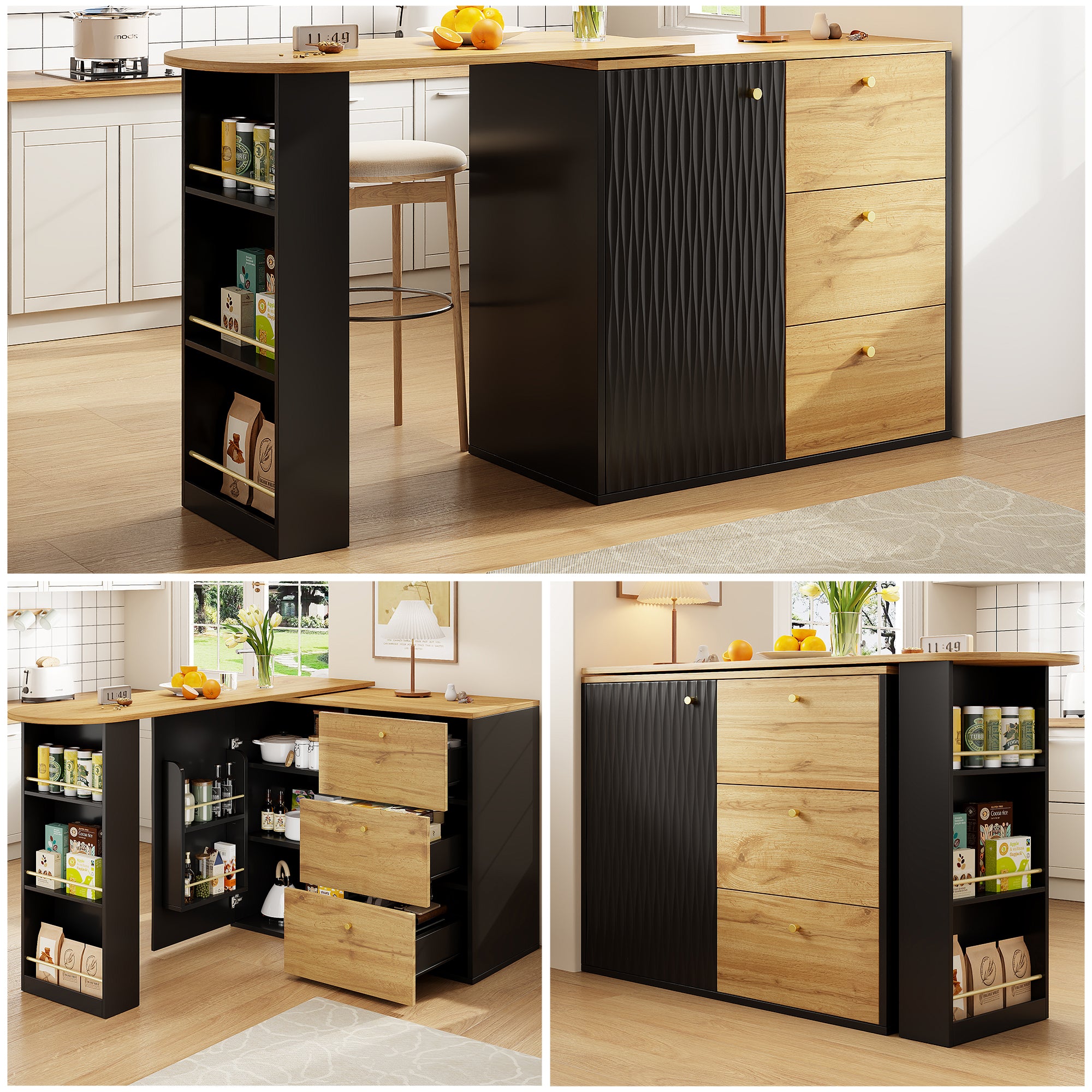 Extendable Bar Table With Storage Space 138 - 204 X 39 X 104 Cm, 360 Rotating Dining Bar, Modern Mobile Bar Table, High Table Kitchen Island Bistro Table, Sideboard With Wood Grain Finish - Noventis Home