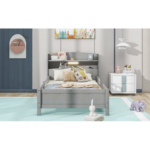 Wood Twin Size Platform Bed With Built - in LED Light, Storage Headboard And Guardrail, Antique Grey - Noventis Home