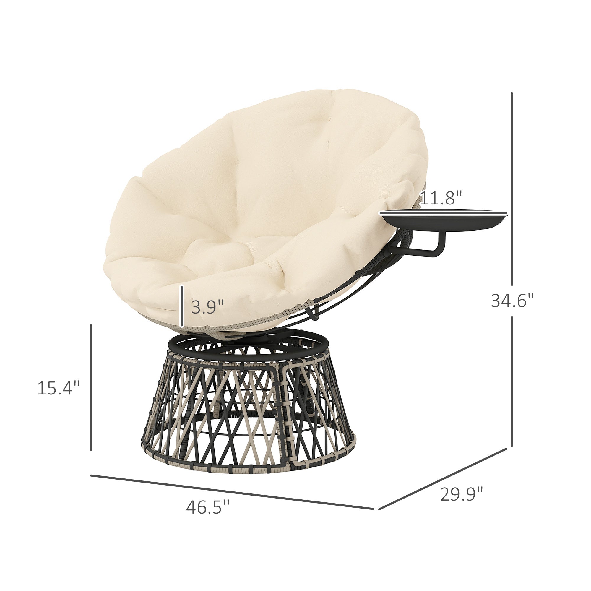 360 Swivel Outdoor Papasan Chair, 39 Overstuffed Circle Chair With Side Tray, Thick Cushion For Indoor Patio, Beige - Noventis Home