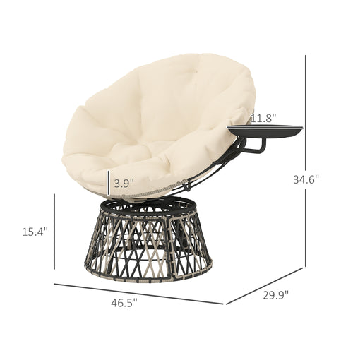 360 Swivel Outdoor Papasan Chair, 39 Overstuffed Circle Chair With Side Tray, Thick Cushion For Indoor Patio, Beige - Noventis Home