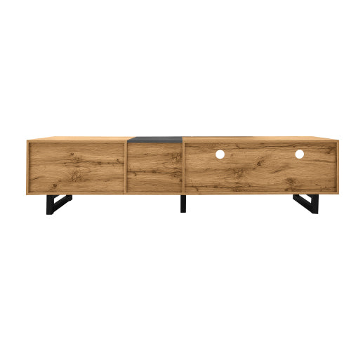 Colorblock TV-meubel, Contrasterend Kleurdesign, 3 Deuren en 2 Vakken, U-vormige Metalen Poten, Retro Houtnerf, 170 cm