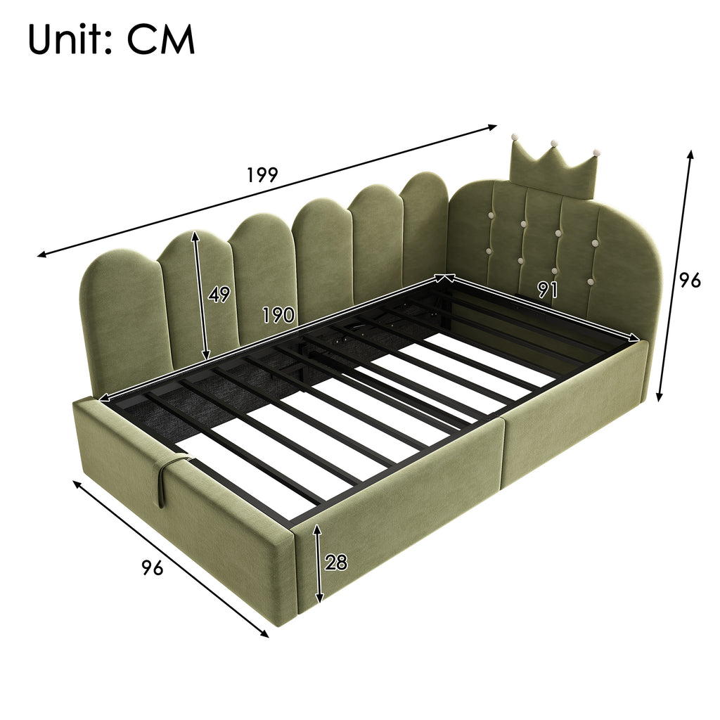 Gestoffeerd Dagbed met Hydraulische Opbergruimte, Eenpersoons Slaapbank 90 x 190 cm, Kroonvormig Bed voor Volwassenen & Kinderen, Fluweel, Groen (Zonder Matras) - Noventis Home