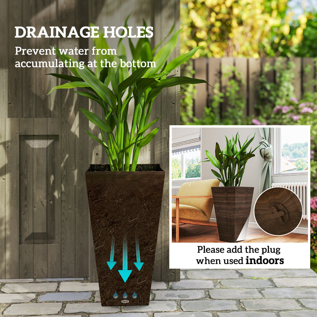 Set Of 3 Tall Planters, 28" Outdoor Planter W/ Drainage Holes, Faux Wood Plastic Flower Pots, Brown - Noventis Home