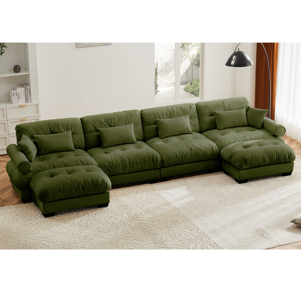 U Shaped Sectional Sofa Cloud Couch With Movable Ottomans,Convertible Deep 4 Seater Modern Velvet Comfy Upholstered Corner Couch With Blostered Armrests, Waist Pillow And Throw Pillows,Olive Green - Noventis Home