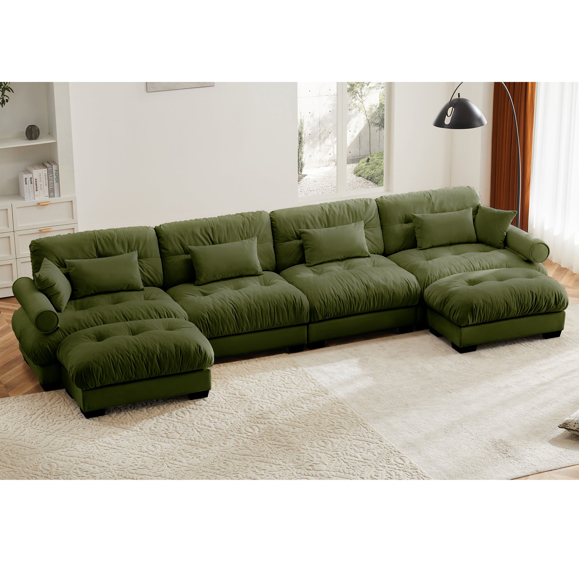 U Shaped Sectional Sofa Cloud Couch With Movable Ottomans,Convertible Deep 4 Seater Modern Velvet Comfy Upholstered Corner Couch With Blostered Armrests, Waist Pillow And Throw Pillows,Olive Green - Noventis Home
