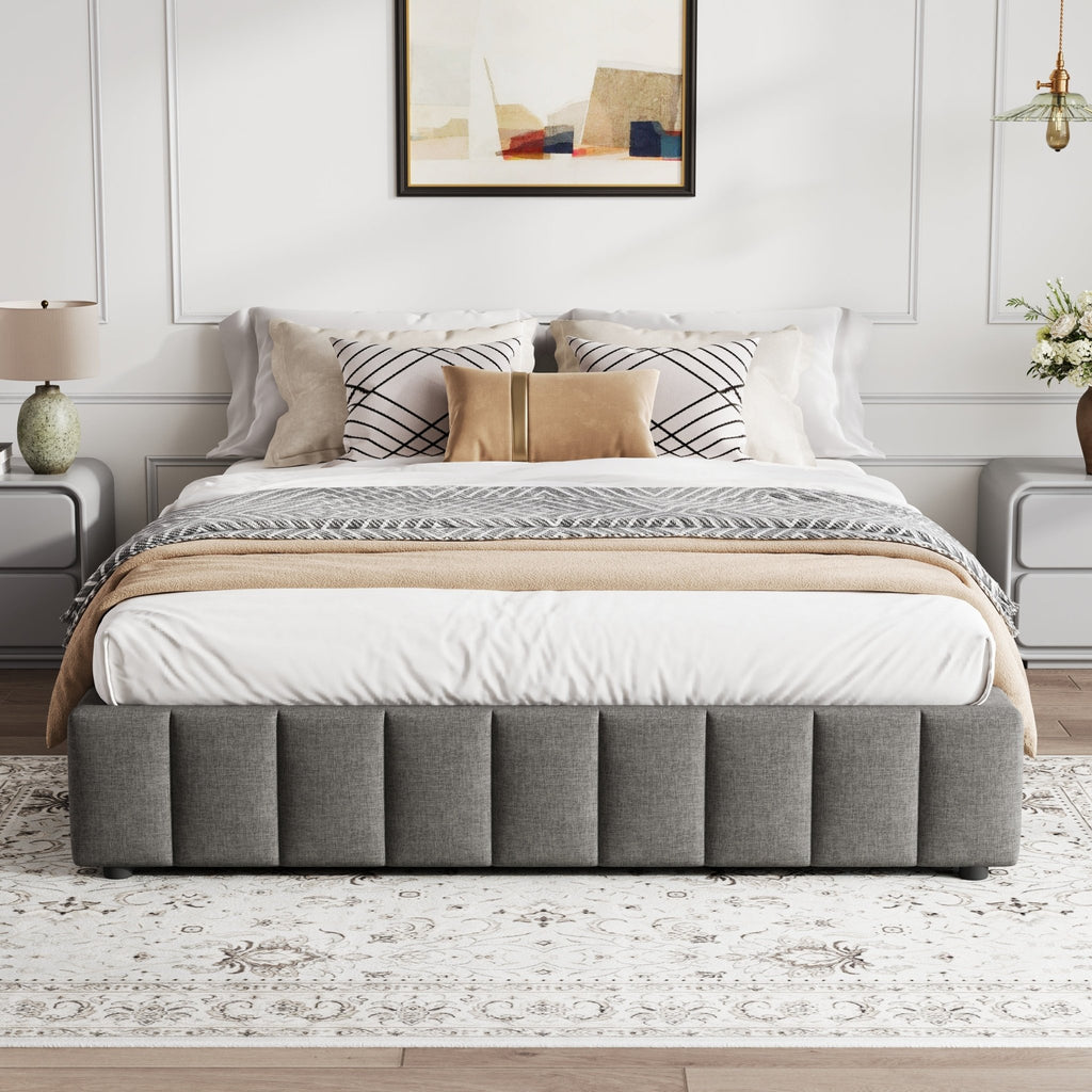 4ft6 Double Upholstered Storage Bed Frame, No Headboard Linen Bed Frame With Hydraulic Storage, Channel Tufted Ottoman Bed, Metal - Wood Support, No Box Spring Needed, Easy Assembly,Grey No Mattress - Noventis Home