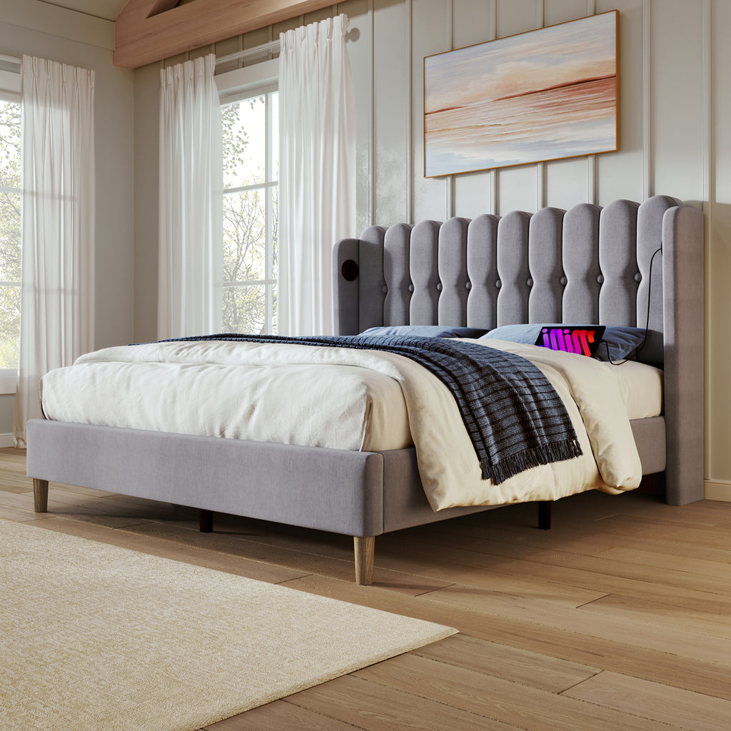 Upholstered Double Bed With USB And Type - C Charging, Bed Frame With Wooden Slatted Frame, Teenager Bed For Bedroom & Guest Room,4ft6 135 X 190 Cm Bed Frame, Grey, Linen Material - Noventis Home