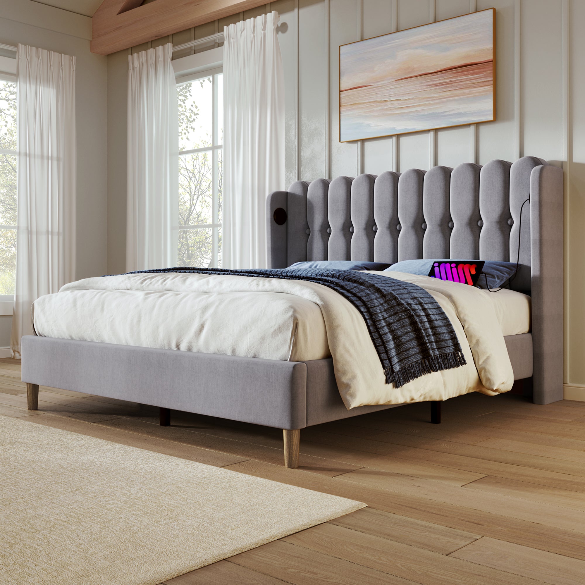 Upholstered Double Bed With USB And Type - C Charging, Bed Frame With Wooden Slatted Frame, Teenager Bed For Bedroom & Guest Room,4ft6 135 X 190 Cm Bed Frame, Grey, Linen Material - Noventis Home