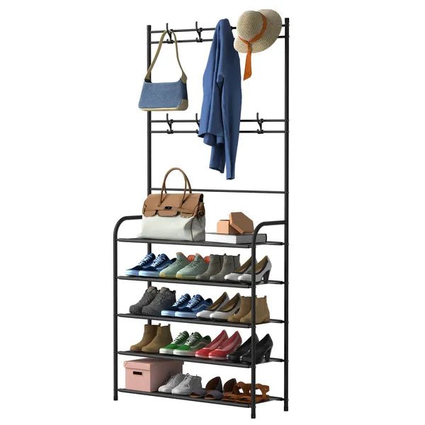 Entryway Coat Hat Rack Garment Shoe Storage Shelf Freestanding Hall Tree Clothing Hanger Stand Clothes Shoe Organizer Combo - Noventis Home