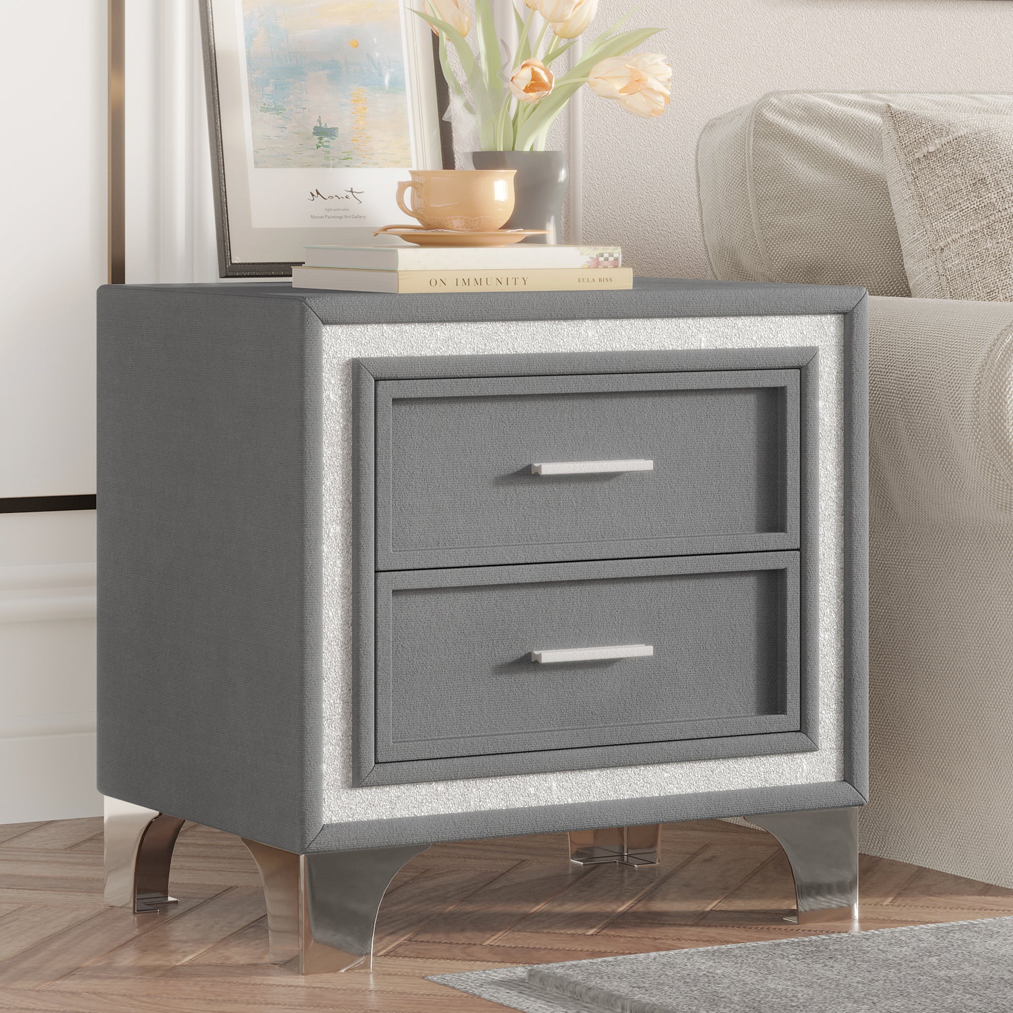 Mid Century Vintage Nightstand With Silver Glitter Strip Decor And Metal Legs, Velvet Bedside Table With 2 Drawers, Fully Assembled Except Legs And Handles, Gray - Noventis Home