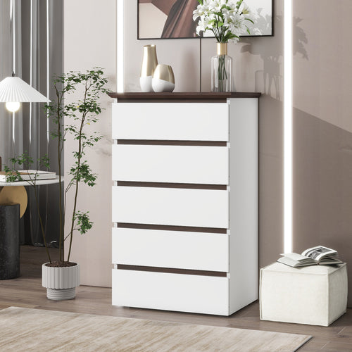 5 Drawer Dresser For Bedroom, Modern Closet Dressers Chest Of Drawers, White & Walnut Color Storage Dresser Chest Cabinet Organizer Unit - Noventis Home