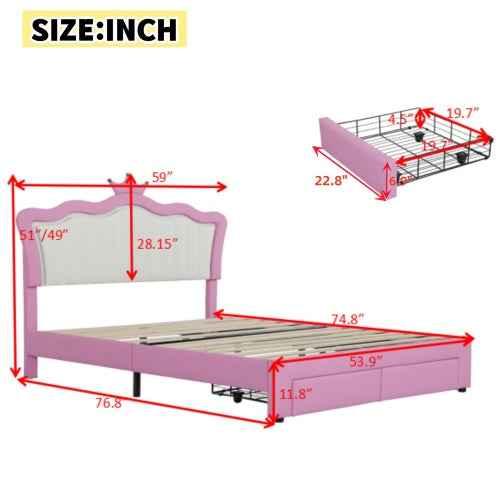 Gestoffeerd Tweepersoonsbed met LED - verlichting, Modern Prinsessenbed met Kroonhoofdsteun en 2 Lades, Roze + Wit - Noventis Home