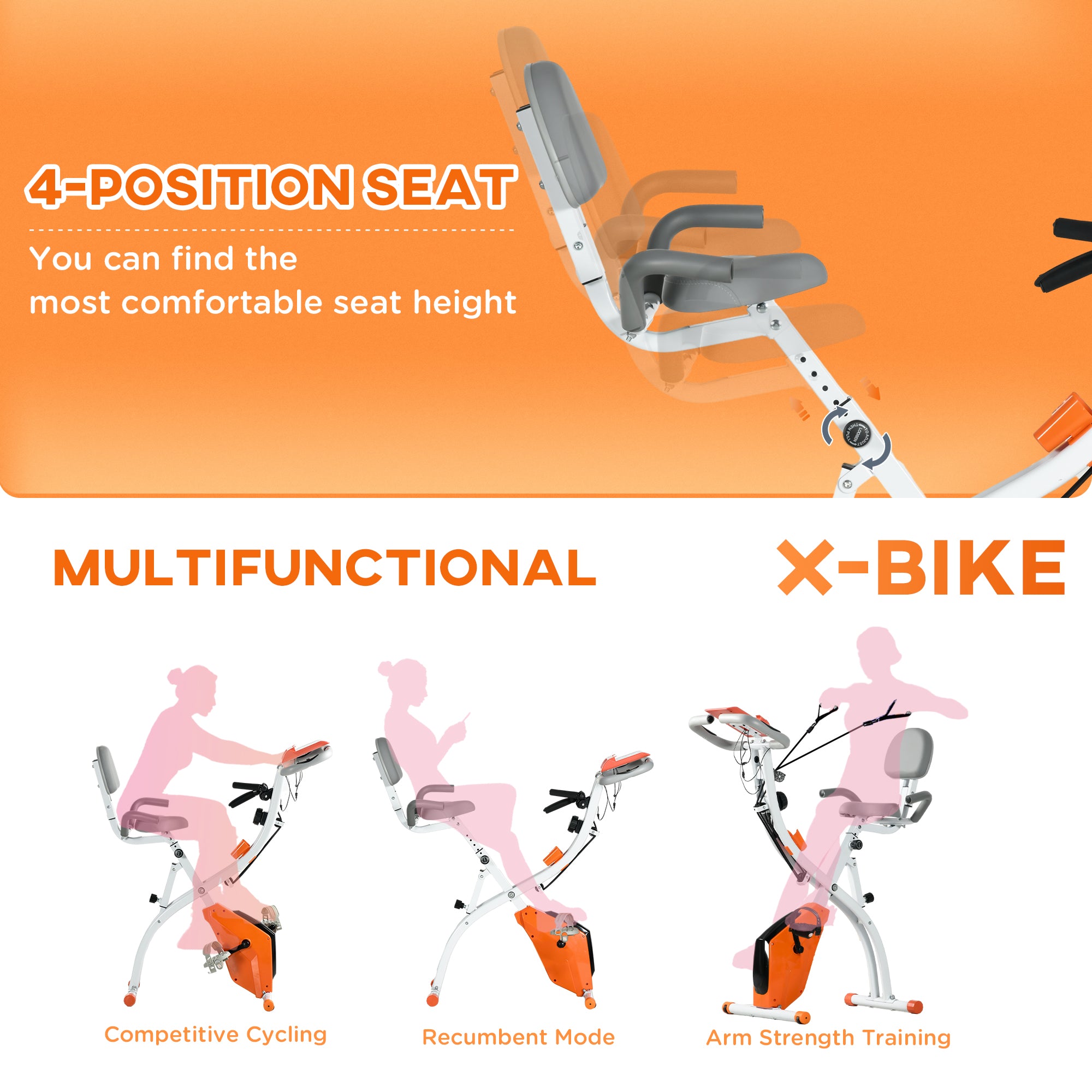 2-in-1 Opvouwbare Hometrainer met 8 Magnetische Weerstandsniveaus, Armweerstandsbanden, Pulssensor, Oranje