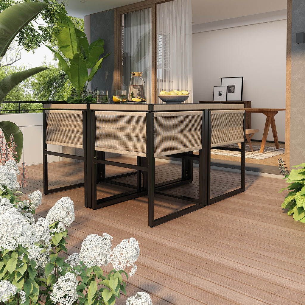 Tuineetset 5 - delig met 1 Eettafel, 4 Stapelbare Stoelen, Fijn Touw, IJzer en 5mm Veiligheidsglas Tafelblad - Noventis Home