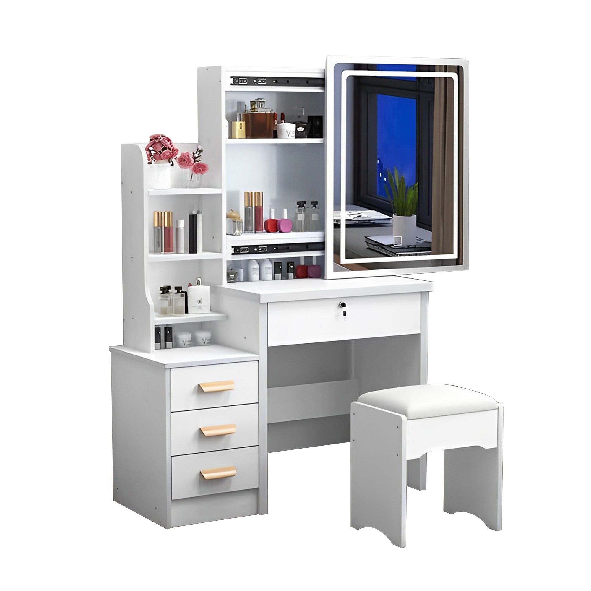 Kaptafel met Spiegel en Verlichting voor Make - up, 4 Lades, 3 Kleurmodi Instelbare Helderheid, Wit - Noventis Home