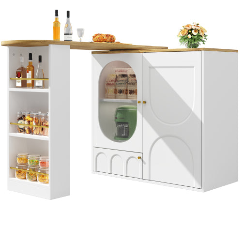 360° Draaibare Bartafel 138x39x105 cm, Koffiebar Meubel, Draaibare Eettafel met Opbergruimte, Keukeneiland, 2 Deuren met Planken, Wit