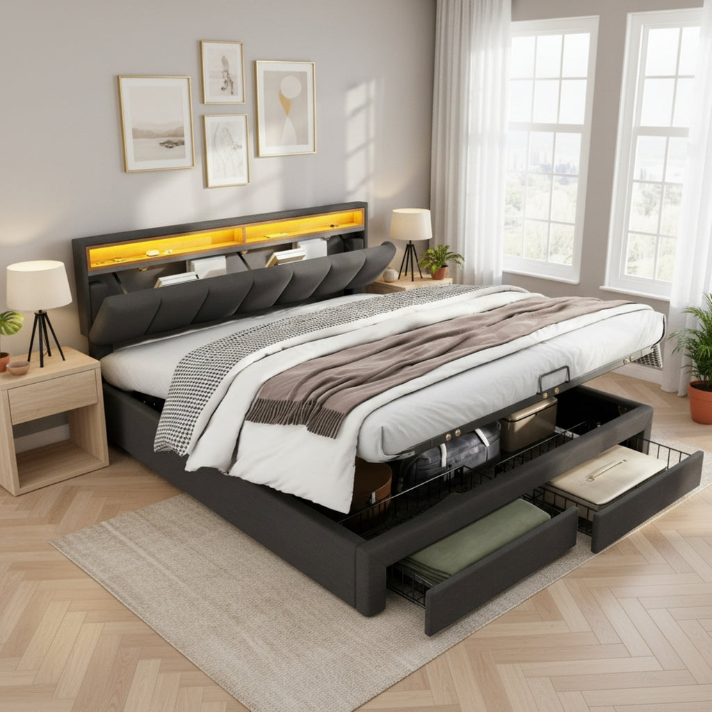 Gestoffeerd Bed met LED - verlichting, 135x190cm, Hydraulische Opbergruimte, Opvouwbaar Schuim Hoofdeinde, Stalen Frame, Linnen, Grijs - Noventis Home