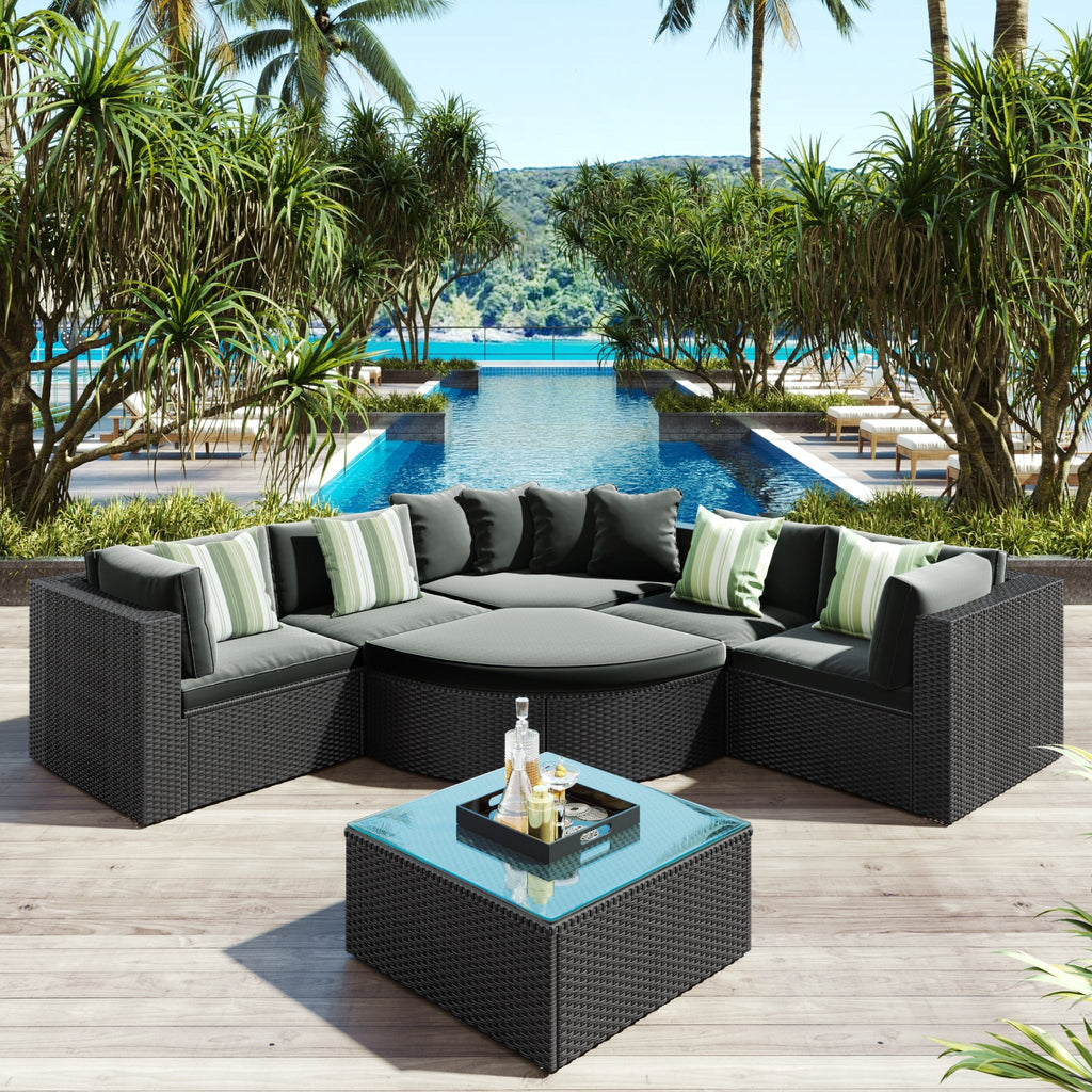 7 - delige Buiten Rattan Loungeset, Rotan Loungebank met Gestreepte Groene Kussens, Gesprekssbank voor Terras, Tuin en Dek, Zwart Vlechtwerk, Grijs Kussen - Noventis Home