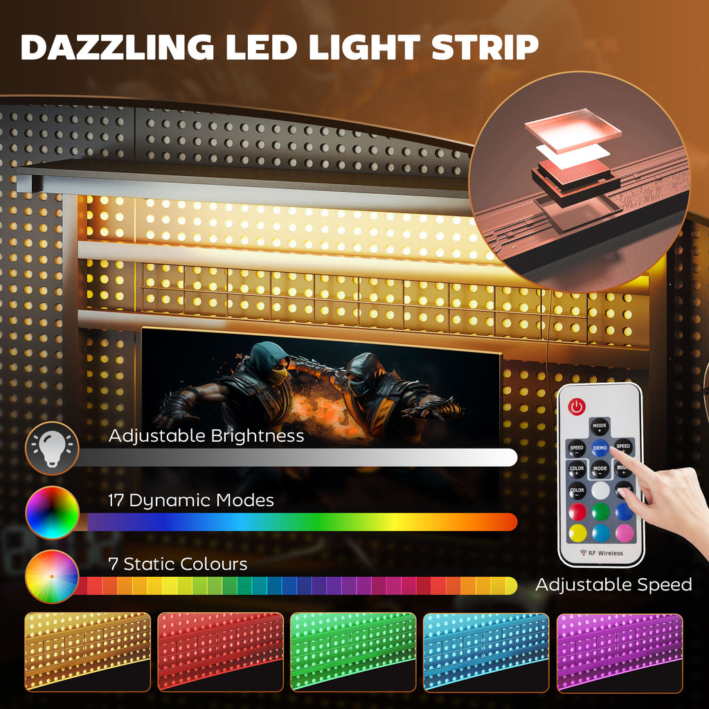 L-vormig Gaming Bureau 157cm met Stopcontacten en RGB LED-verlichting, Monitorstandaard en CPU-plank, Zwart