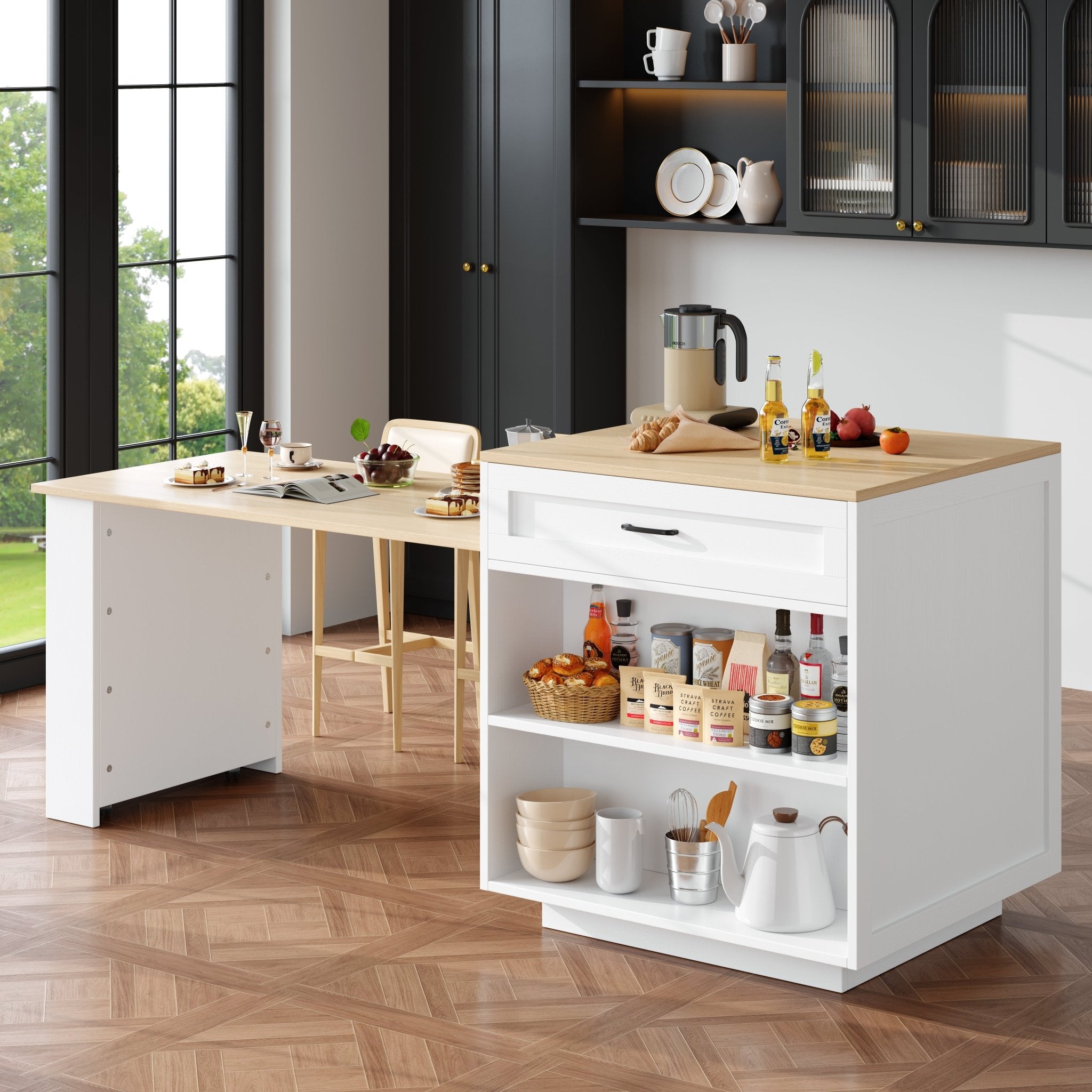 Extendable Bar Table With Storage 133 - 202 X 70 X 93.5 Cm With Two Drawers And Four Compartments, Expandable Kitchen Island Table For 2 - 6 People, Kitchen Dining Cart With Side Shelves, White. - Noventis Home