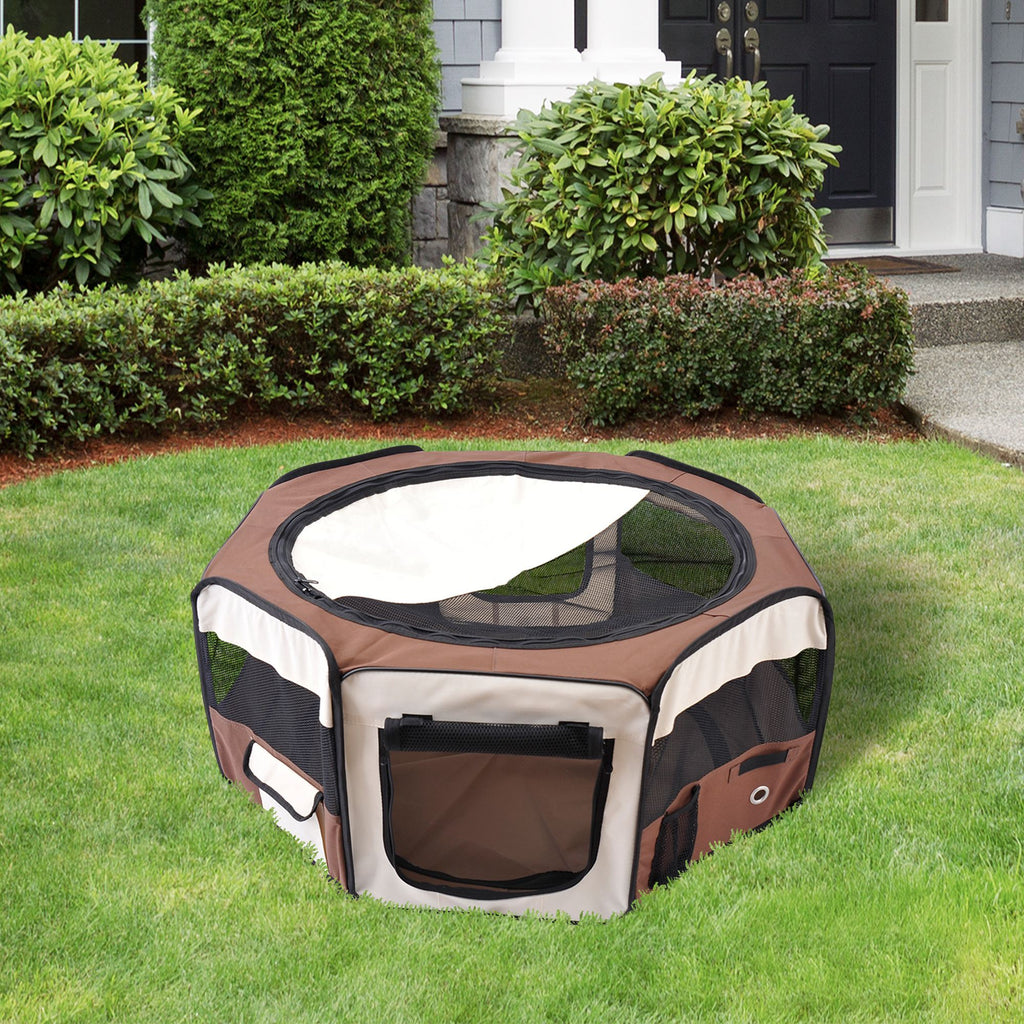 PawHut Portable Cat Dog Playpen Pet Puppy Rabbit Guinea Pig Pen Run Dia 90 X 41H Cm Indoor & Outdoor Brown - Noventis Home