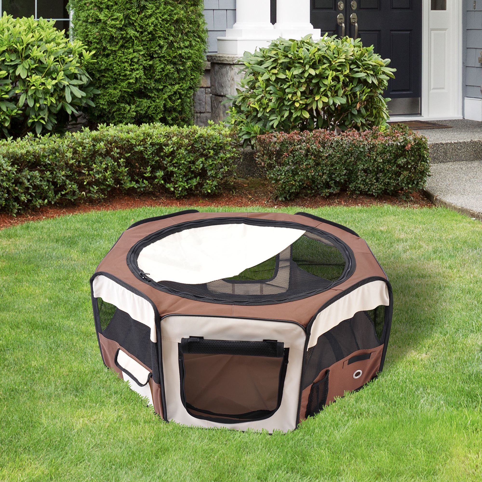 PawHut Portable Cat Dog Playpen Pet Puppy Rabbit Guinea Pig Pen Run Dia 90 X 41H Cm Indoor & Outdoor Brown - Noventis Home