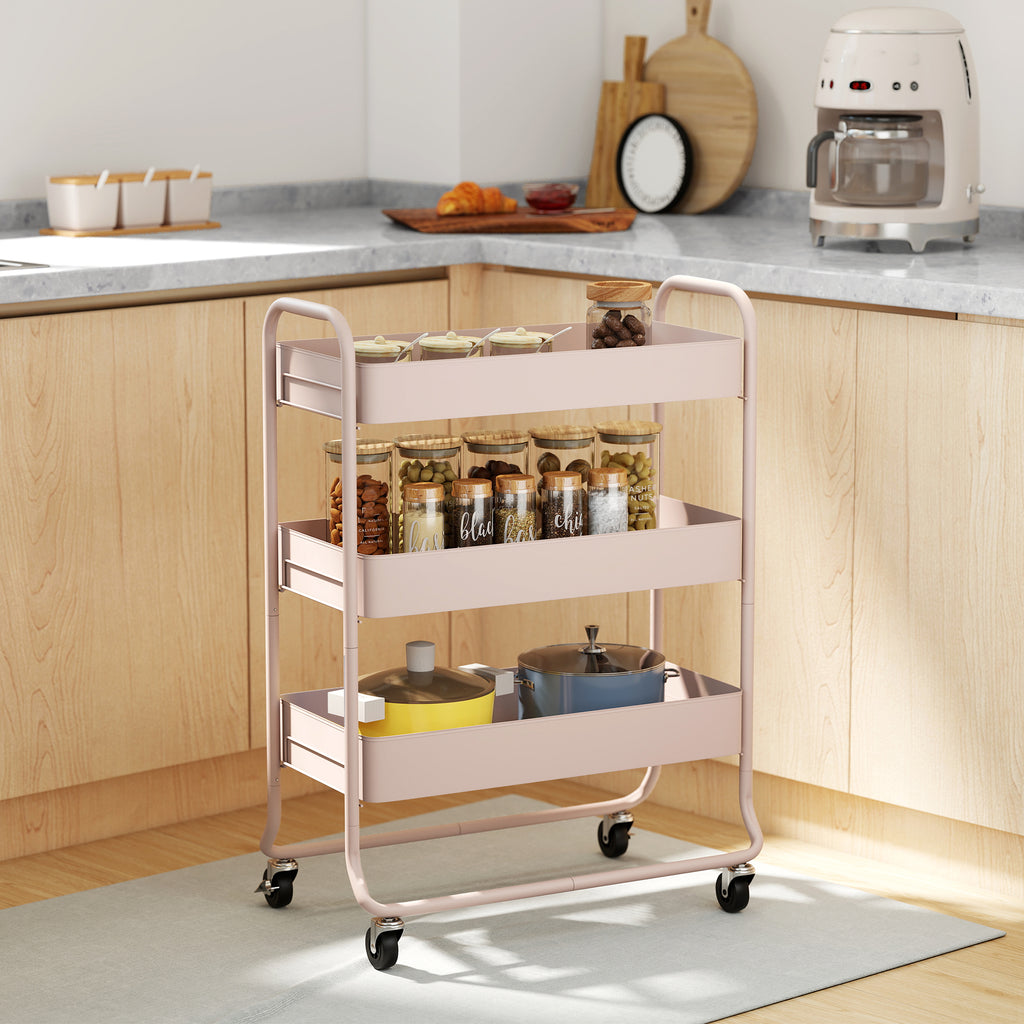 3 - Tier Storage Trolley On Wheels, Rolling Utility Cart With Mesh Backets For Kitchen, Bathroom, Bedroom, Light Pink - Noventis Home