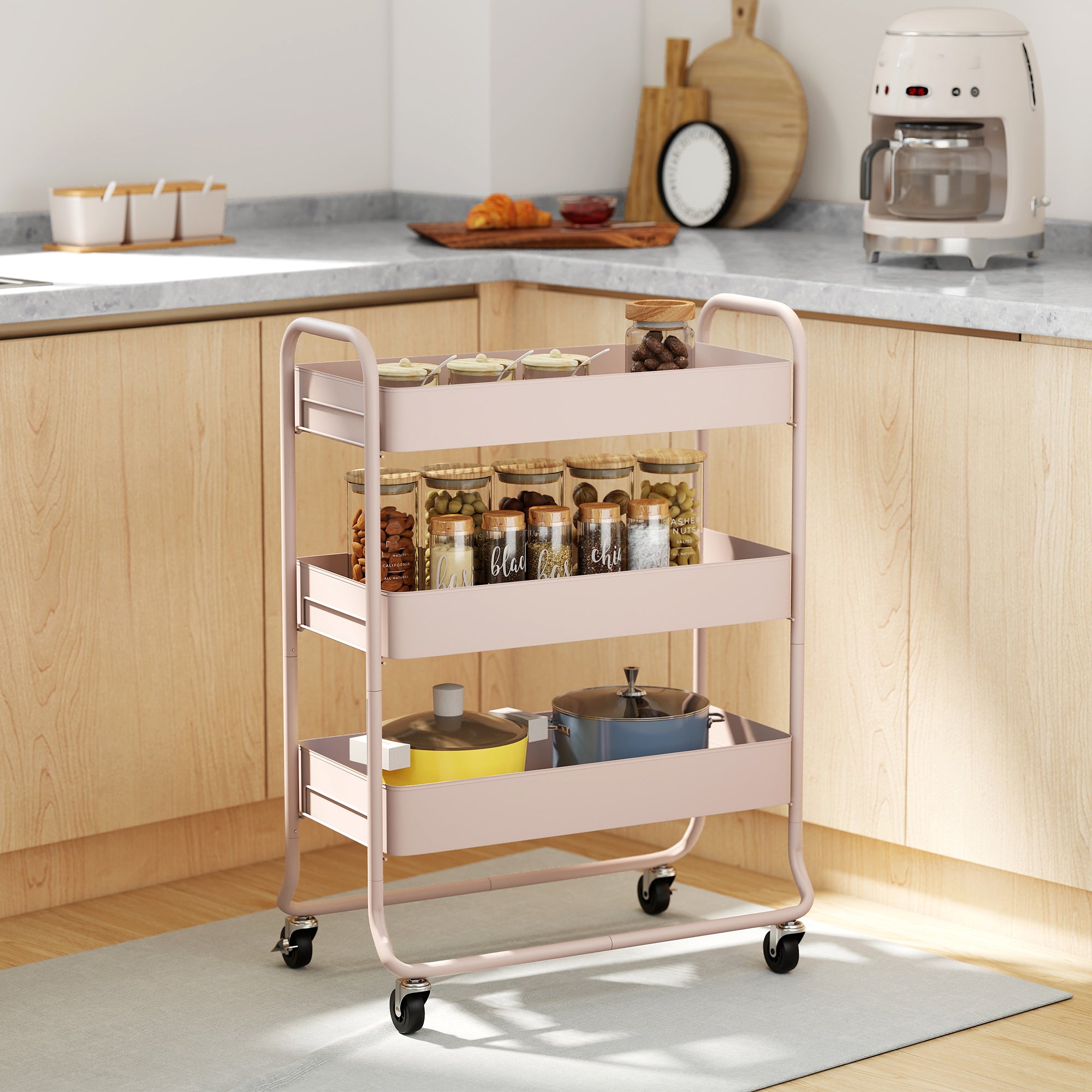 3 - Tier Storage Trolley On Wheels, Rolling Utility Cart With Mesh Backets For Kitchen, Bathroom, Bedroom, Light Pink - Noventis Home