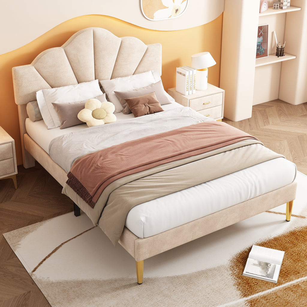 Velvet Upholstered Bed,Double Bed - 4ft6 135x190cm, Shell - like Bed With Golden Iron Legs, Height - adjustable Headboard, Wooden Slatted Frame, Beige - Noventis Home