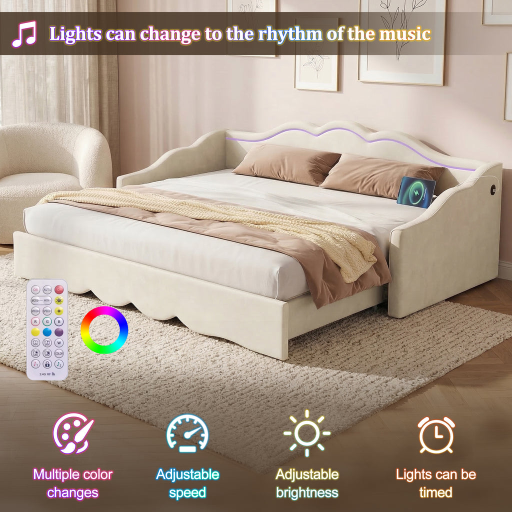 Upholstered Daybed, Sofa Bed, 90x190 Cm, Extendable To 180 Cm, With LED Lighting And USB Port, Beige Velvet - Noventis Home