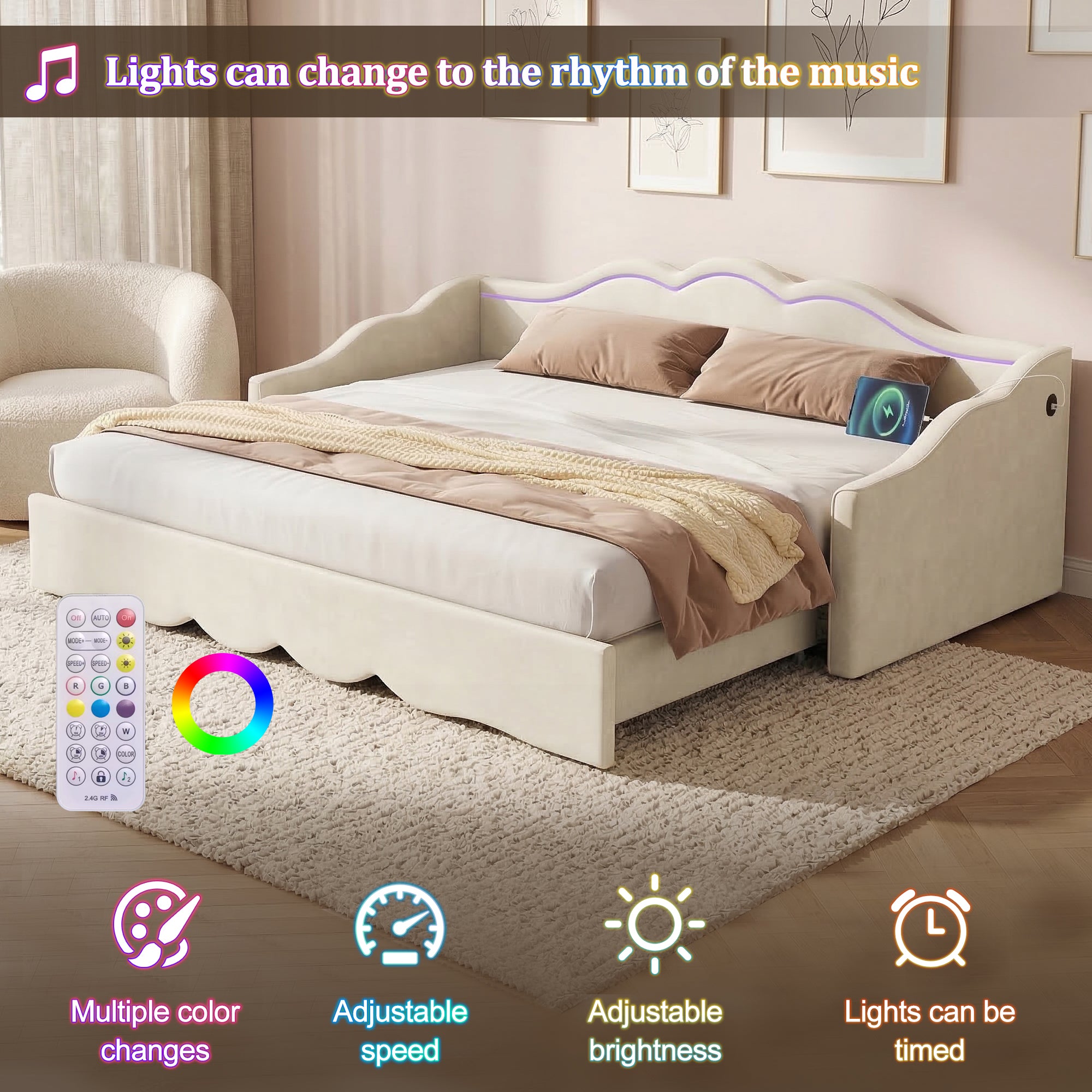 Upholstered Daybed, Sofa Bed, 90x190 Cm, Extendable To 180 Cm, With LED Lighting And USB Port, Beige Velvet - Noventis Home