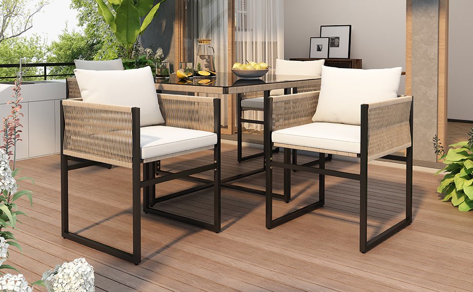 Tuineetset 5 - delig met 1 Eettafel, 4 Stapelbare Stoelen, Fijn Touw, IJzer en 5mm Veiligheidsglas Tafelblad - Noventis Home