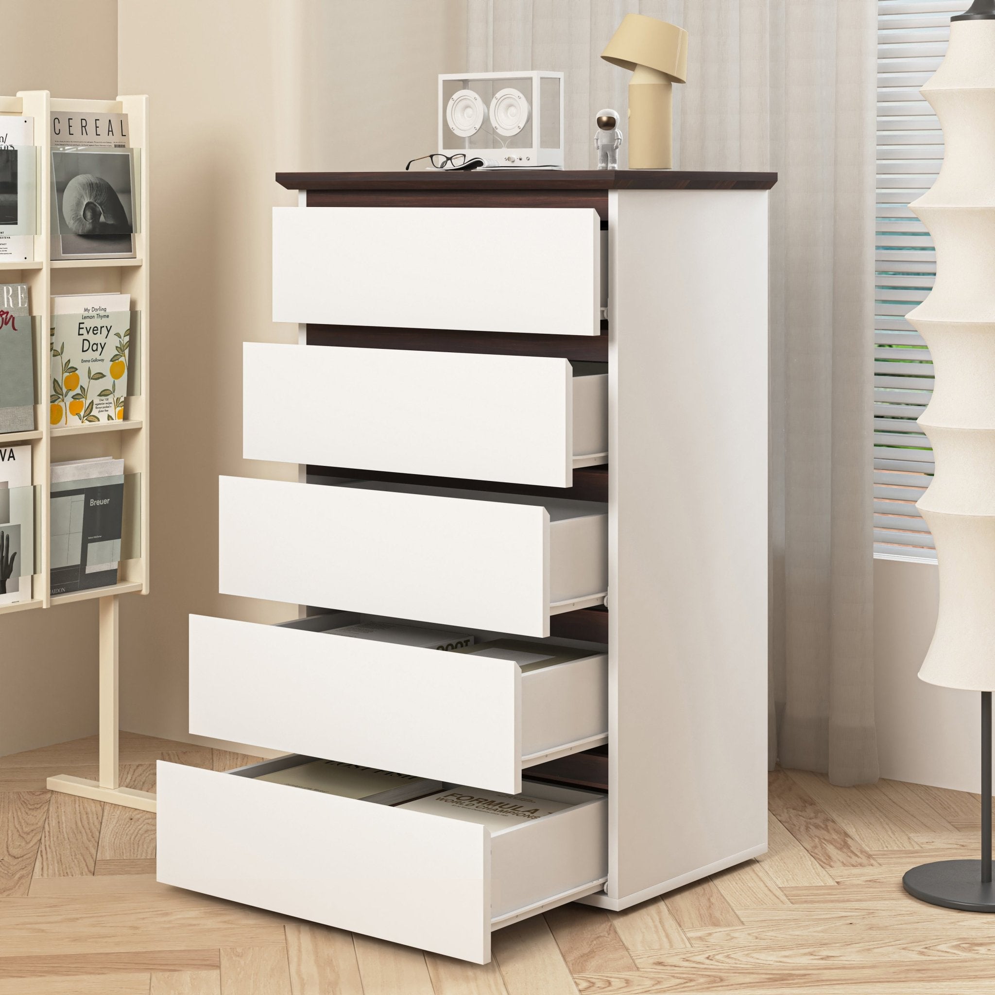 5 Drawer Dresser For Bedroom, Modern Closet Dressers Chest Of Drawers, White & Walnut Color Storage Dresser Chest Cabinet Organizer Unit - Noventis Home