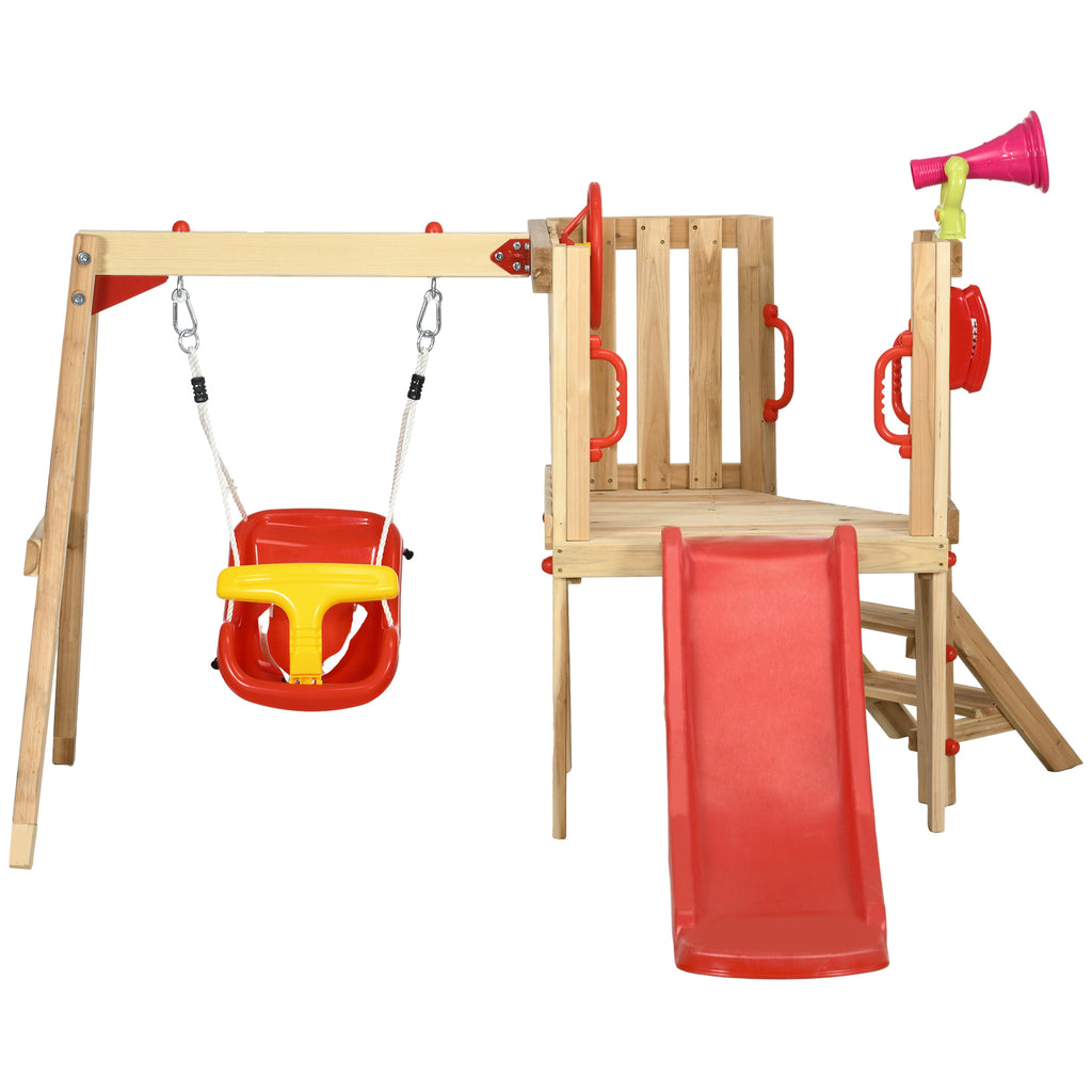 4 - in - 1 Wooden Swing Set with Swing, Slide, Horn, Steering Wheel, Red - Noventis Home