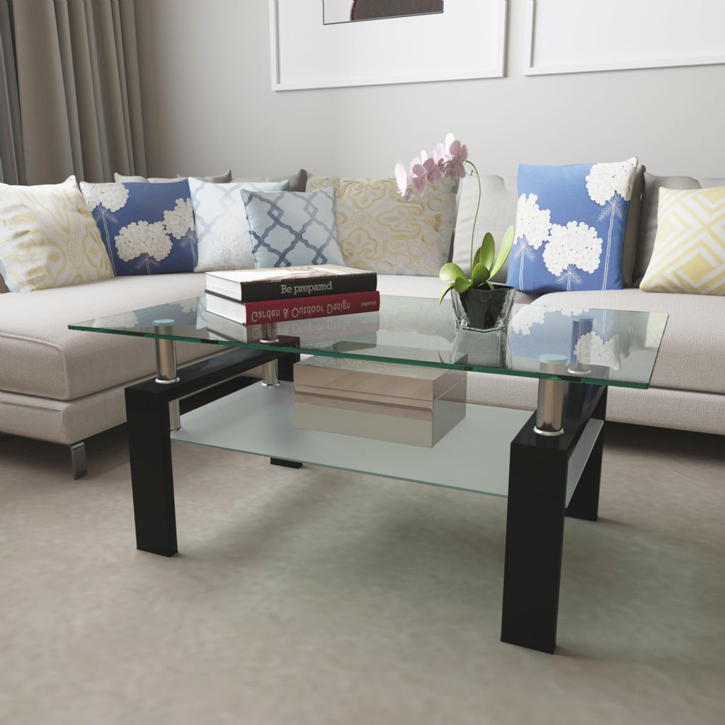 Rechthoekige Glazen Salontafel, Transparant Glas, Moderne Woonkamertafel, Zwart - Noventis Home