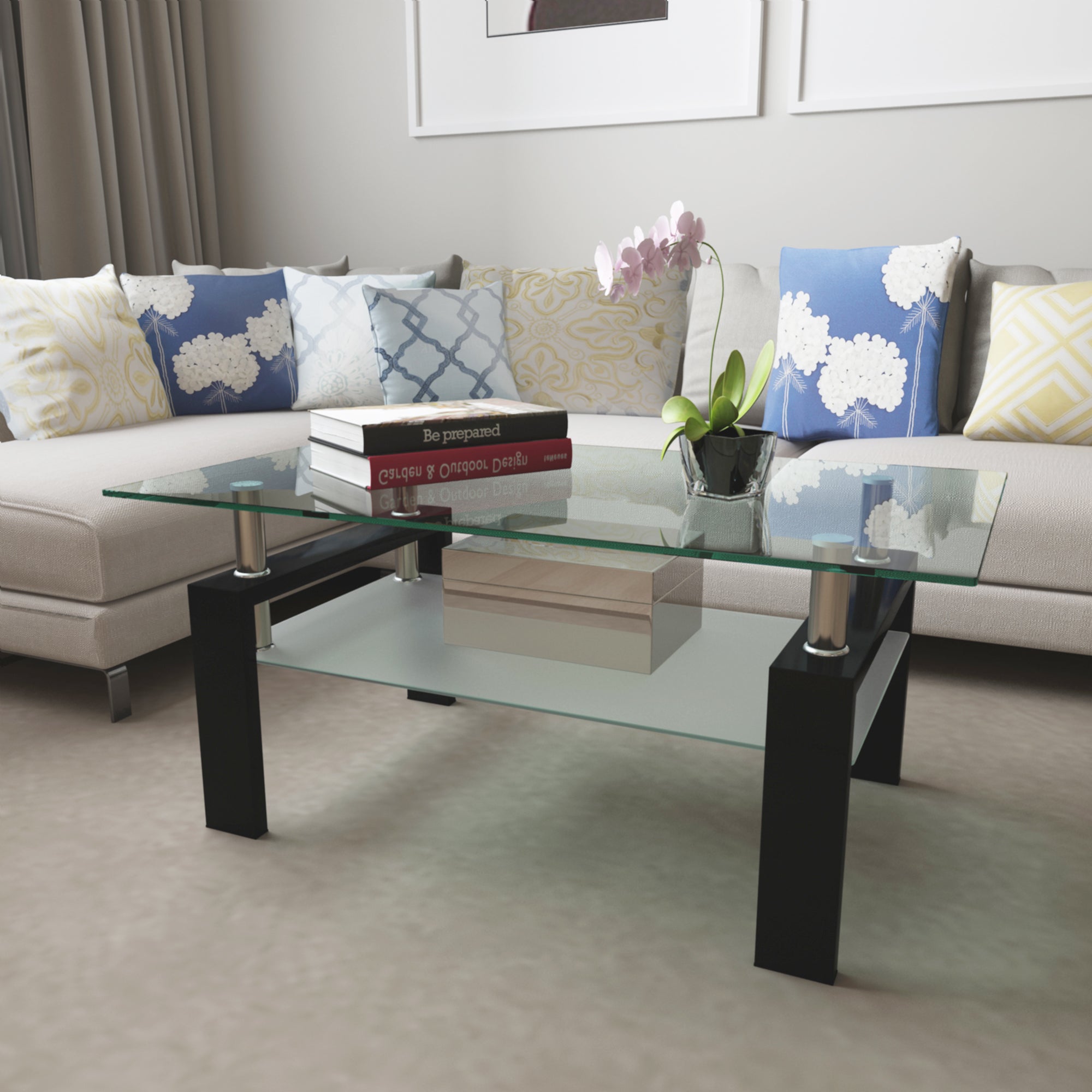 Rechthoekige Glazen Salontafel, Transparant Glas, Moderne Woonkamertafel, Zwart