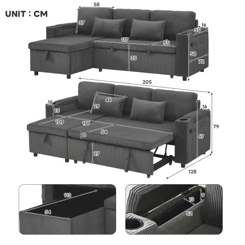 3 In 1 Convertible Corduroy Sofa Bed With Storage Chaise, L Shaped Sleeper Sofa Couches With Armrest Storage And Charging Station. Pullout Sectional Daybed For Living RoomBedroomOffice, Grey - Noventis Home