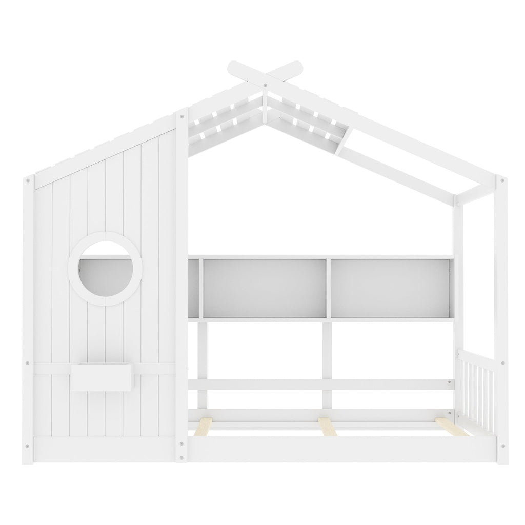 Twin Size Floor House Bed For Toddler, Kids Montessori Bed With Storage Shelf, Playhouse Bed With Roof Design, White - Noventis Home