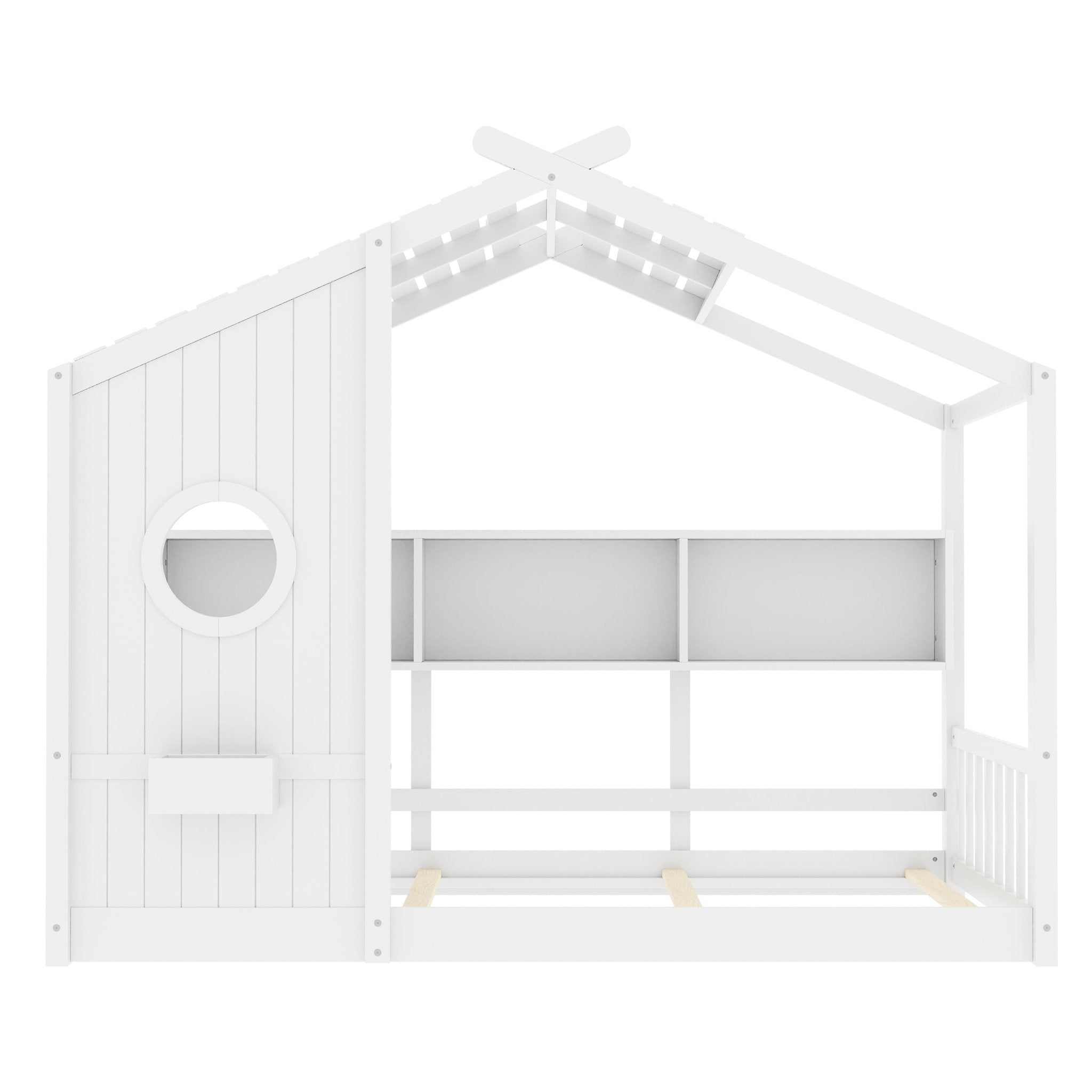 Twin Size Floor House Bed For Toddler, Kids Montessori Bed With Storage Shelf, Playhouse Bed With Roof Design, White - Noventis Home